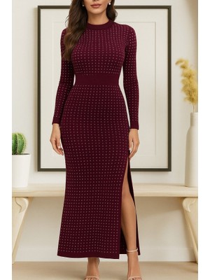 Arben Boutique Kadın Uzun Kollu Bisiklet Yaka Taşlı Midi Kadife Elbise