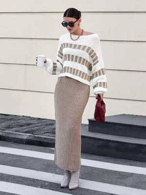 Gökyüzü Moda Kadın Uzun Kollu Kayık Yakalı Salaş Triko Bluz ve Etek Ikili Takım