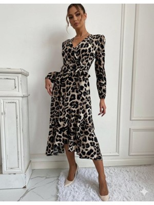 Giyimodam Kadın Uzun Kollu Kruvaze Yaka Yandan Bağlamalı Önden Fırfır Detaylı Süprem Uzun Elbise