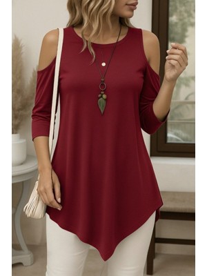Nidam Butik Kadın Omuzlardan Açık Sıfır Yaka Asimetrik Kesim Detay Viskon Bluz