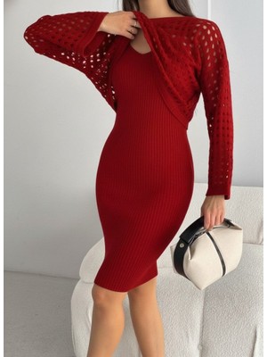 Arben Boutique Kadın Uzun Kollu Delikli Kazak Askılı Elbise Triko Ikili Takım