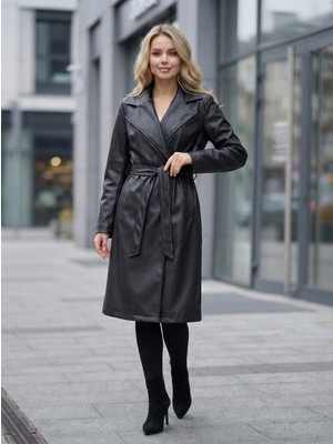 Famoda Kemerli Diz Boyu Cepli Kaşe Kadın Deri Kaban Siyah