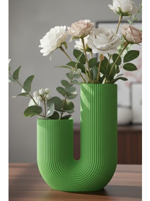 MEKTrend Çizgili U Kavis Dekoratif Vazo Yeşil (23X17CM)