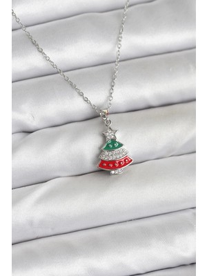 Marsilyan 316L Çelik Zincir Gümüş Ren Çam Ağacı Model Zirkon Taşlı Yılbaşı Temalı Kadın Kolye - TJ-BKO10711