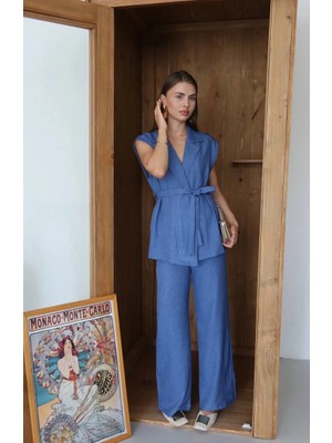 Combin Keten Yelek Pantolon Takım Indigo Pt