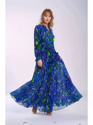 Mamayaga Kadın Gömlek Yaka Tül Şifon Beli Asimetrik Katlı Tesesttüre Uygun Maxi Boy Uzun Kol Abiye Elbise