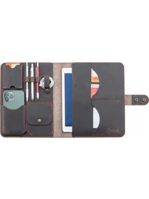 Değirmen Grup Isme Özel Çıtçıtlı Fonksiyonlu iPad Organizer - 10,9" (Inç) - %100 Crazy Deri - ET01004 - Kahverengi