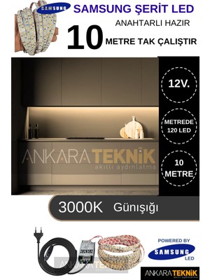 Ankara Teknik Samsung 12 Volt 10 Metre Mutfak Dolabı Şerit Led/ On-Off / Tak Çalıştır Hazır Set 3000K (Günışığı)