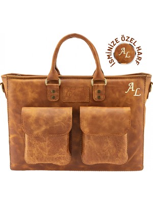 Değirmen Grup Isme Özel Askılı Cepli Evrak - Laptop Çantası - %100 Rainbow Deri - AC09002 - Camel