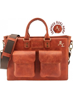 Değirmen Grup Isme Özel Askılı Cepli Evrak - Laptop Çantası - %100 Rainbow Deri - AC09002 - Tobacco