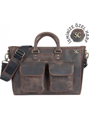 Değirmen Grup Isme Özel Askılı Cepli Evrak - Laptop Çantası - %100 Crazy Deri - AC09003 - Kahverengi