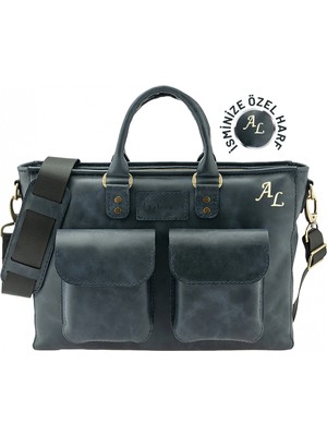 Değirmen Grup Isme Özel Askılı Cepli Evrak - Laptop Çantası - %100 Rainbow Deri - AC09002 - Lacivert