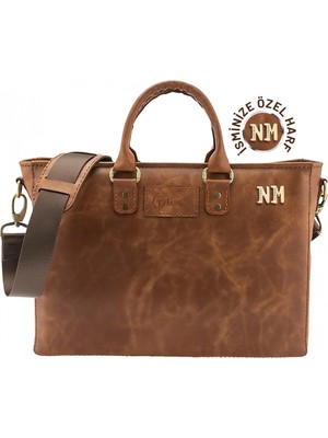 Değirmen Grup Isme Özel Günlük Kullanım El Omuz Evrak Laptop Çantası - %100 Deri - AC09004 - Kahverengi