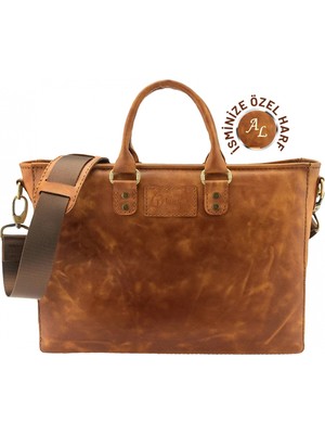 Değirmen Grup Isme Özel Günlük Kullanım El Omuz Evrak Laptop Çantası - %100 Deri - AC09004 - Camel