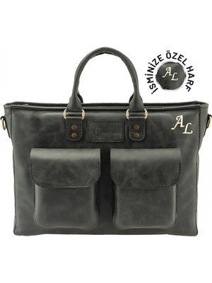 Değirmen Grup Isme Özel Askılı Cepli Evrak - Laptop Çantası - %100 Rainbow Deri - AC09002 - Antrasit