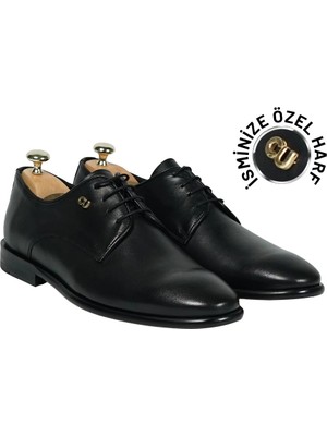Değirmen Grup Isme Özel Bağcıklı Kösele Erkek Ayakkabı - %100 Hakiki Antik Deri - Altın Harf - AA01001 - Siyah