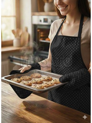 Fırsato 3'lü Beyaz Puantiyeli Mutfak Seti, Mutfak Önlüğü, Isıya Dayanıklı Fırın Eldiveni, Turacak Takımi