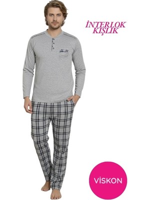 Bie's Erkek Gri Ekose Desen Likralı Pamuk Uzun Kol Kışlık İnterlok Göğüs Cepli Pijama Takımı