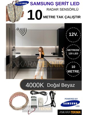 Samsung 12 Volt 10 Metre Hareket Sensörlü Şerit LED Hazır SET/4000K Doğal Beyaz