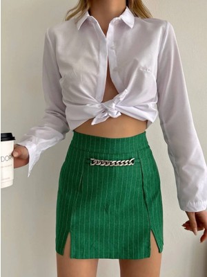 Zincir Detaylı Çizgili Şort Etek