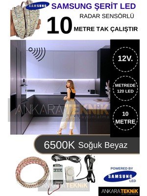 Samsung 12 Volt 10 Metre Hareket Sensörlü Şerit LED Hazır SET/6500K Soğuk Beyaz