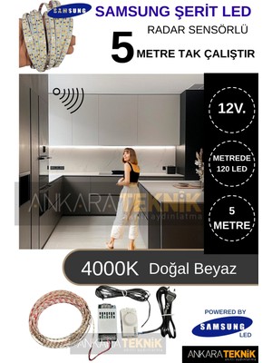 Samsung 12 Volt 5 Metre Hareket Sensörlü Şerit LED Hazır SET/4000K Doğal Beyaz