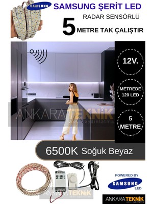 Ankara Teknik Samsung 12 Volt 5 Metre Hareket Sensörlü Şerit LED Hazır SET/6500K Soğuk Beyaz