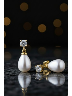 BymissMücevherat Tektaş Damla Inci Küpe 925 Ayar Gümüş 14K Gold Renk | 7x9 mm Damla Inci, 4 mm Tektaşlı