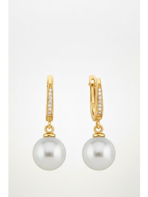 BymissMücevherat Zarafetin Inci Hâli: 925 Ayar Gümüş Gold Renk 10 mm Yuvarlak Sallantılı Inci Küpe |