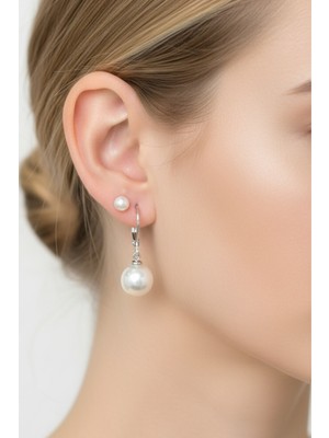 BymissMücevherat Inci Gümüş Küpe Seti 2'li - (8mm Kancalı, 4mm Vidalı)