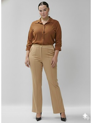 Akşen Giyim Büyük Beden Süet Kumaş Yüksek Bel Toparlayıcı Ince Gösteren Camel Renk Ispanyol Paça Pantolon