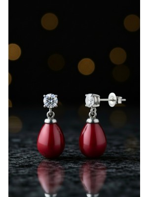 BymissMücevherat Tektaş Damla Mercan Küpe 925 Ayar Gümüş | 7x9 mm Damla Mercan, 4 mm Tektaşlı