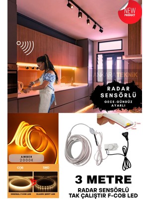 Ankara Teknik Sensörlü Amber Renk (2000K) F- Cob Neon LED / Yüksek Lümen/ Dolap Alcıpan Tavan LED /3 Metre