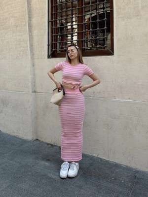 Çizgili Etekli Takım Pembe S3609