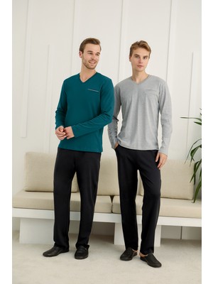 Nightlove Erkek V Yaka Uzun Kollu Battal Pijama Takımı