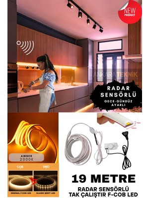Sensörlü Amber Renk (2000K) F- Cob Neon LED / Yüksek Lümen/ Dolap Alcıpan Tavan LED /19 Metre