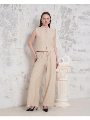 Broşlu Yelek Pantolon Takım Bej S255821