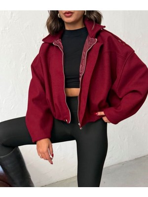 Adatto Bayan Bordo Kısa Bomber Kaşe Fermuarlı Kaban Mont Ceket