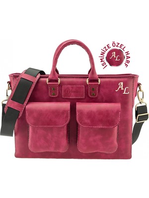 Değirmen Grup Isme Özel Askılı Cepli Evrak - Laptop Çantası - %100 Rainbow Deri - AC09002 - Fuşya