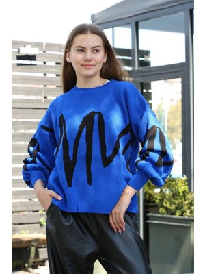 Siyah Çizgili Bisiklet Yaka Kazak Saks