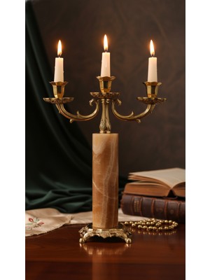 Montdekor El Yapımı Mermer Taşlı Bronz Şamdan