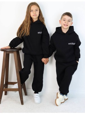 İnebolu Kids Nakışlı Kapüşonlu 3 Iplik Şardonlu Owersize Garson Kız Erkek Unisex Tarz Sweat Eşofman Takım