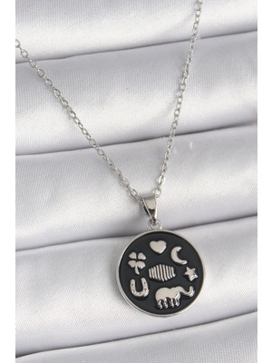 Shopwave 316L Çelik Gümüş Renk Siyah Renk Şans Kolyesi