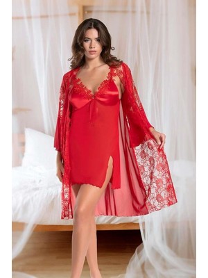 Marsilyan-  Transparan Dantel Işlemeli Tül Yırtmaçlı 2'li Kırmızı Gecelik Takımı