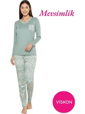 Bie's Kadın Yeşil Etnik Desen Mevsimlik Likralı Penye Cepli Alt Uzun Kollu Pijama Takımı