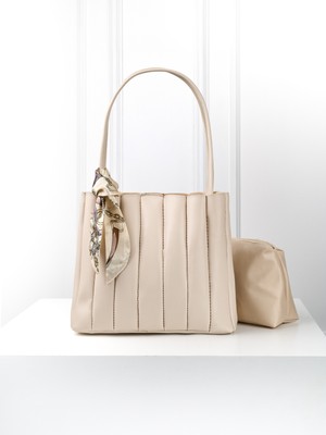 Rivina Elit Kadın Plise Makyaj Çantalı Fular Hediyeli El ve Omuz Çantası Krem