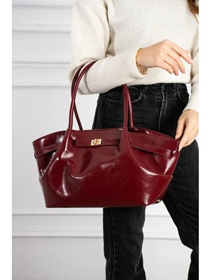 Rivina Kadın Premium Özel Kilit Aksesuarlı Vizon El ve Omuz Çantası Bordo