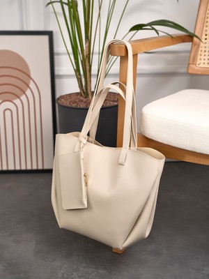 Rivina Vera Kadın Mıknatıs Kapaklı Cüzdan Detaylı Geniş Kapasiteli Tote El ve Omuz Çantası Krem