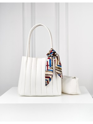 Rivina Elit Kadın Plise Makyaj Çantalı Fular Hediyeli El ve Omuz Çantası Beyaz