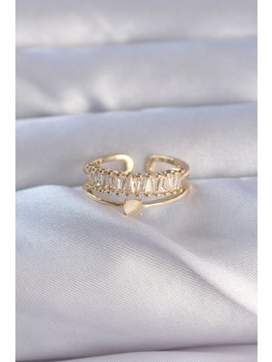 Pirinç Gold Renk Zirkon Taşlı Baget Su Yolu Model Ayarlanabilir Yüzük - Lisinya